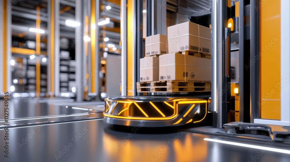 Poster efficient aerial view of automated warehouse operations and digital pallet handling in a high-tech f