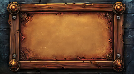 Shop game interface design - cartoon vector illustration wooden frame with card for item and button with price. User interface template for rpg store. Wood menu window for selling props and artifacts.