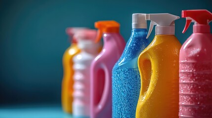 Various colored bottles of cleaning products stacked on a shelf