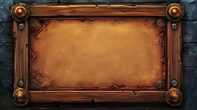 Shop game interface design - cartoon vector illustration wooden frame with card for item and button with price. User interface template for rpg store. Wood menu window for selling props and artifacts.