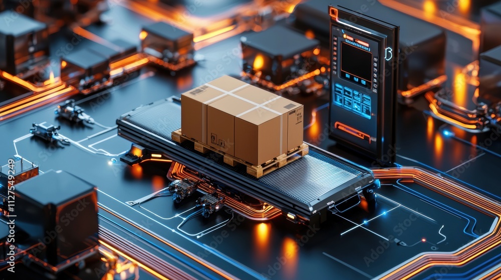 Poster automated package delivery system smart warehouse 3d visualization digital environment close-up view
