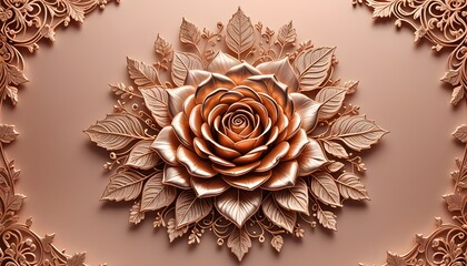 elegant design rose gold rose in metallic copper tones surrounded by an ornate floral border. ideal for luxury branding, wedding invitations, decorative backgrounds, and artistic projects.