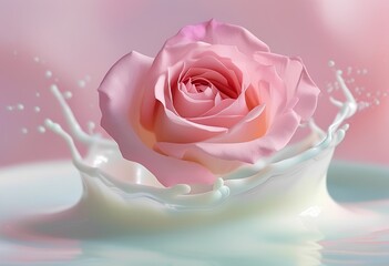 A delicate pink rose gracefully floats in a splash of creamy milk against a soft pink background