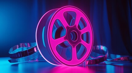A futuristic cinematic reel glowing on a vibrant blue platform amid colorful theater vibes