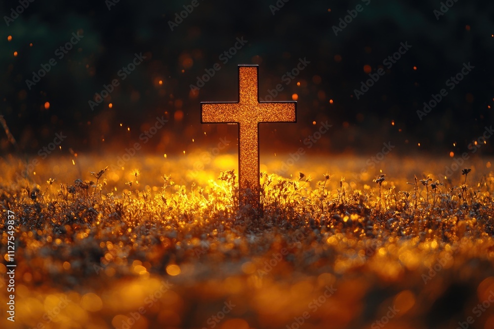 Poster a simple image of a cross standing in a lush green field of grass