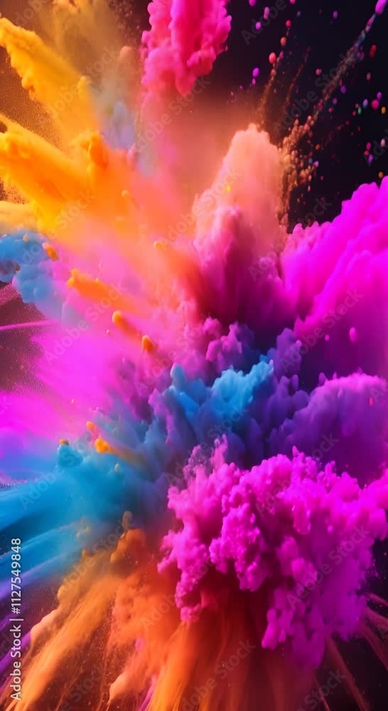 Poster explosion of bright colorful paint on black background burst of multicolored powder abstract pattern