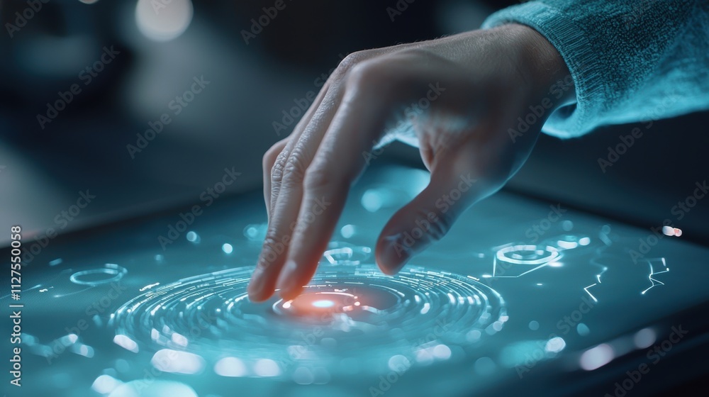 Poster interactive touch technology modern workspace digital interface futuristic environment close-up view