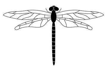 A simple illustration of dragobfly silhouette. Black and white flying insect.