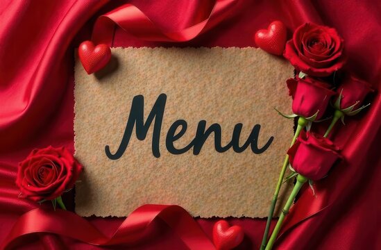Menu card made of craft paper on a red silk background. Special holiday menu for a romantic dinner. Wedding menu.