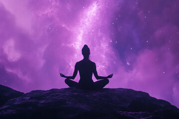 Human silhouette in meditation lotus pose on a universe background. Concept for meditation and calming.