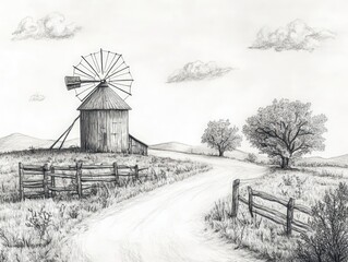Fototapeta premium Windmill, path, fences, trees, rural landscape.