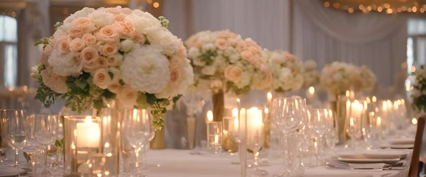 Close up of wedding reception table setting with flower arrangements Video 4K
