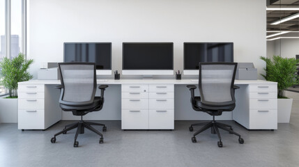 Modern office setup with dual desks and monitors bright workspace minimalist design interior view