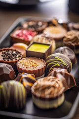 Mix of chocolate pralines on plate on wooden table.