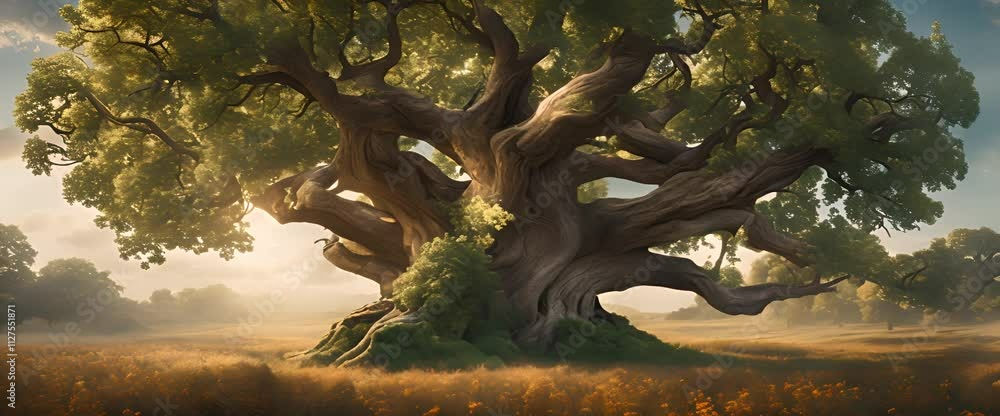 Poster ancient oak tree with a hidden treehouse built into its branches hyperrealistic photo video 4k