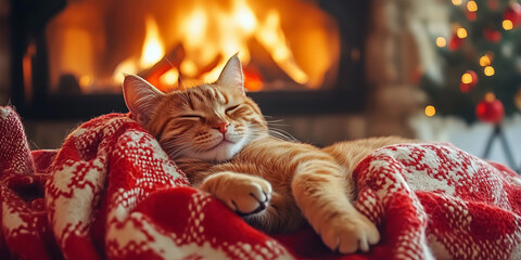 Domestic cat resting in front of fireplace at cozy home decorated for Christmas.
