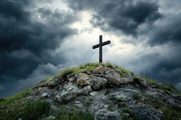 A dark and ominous Golgotha Hill scene, complete with stormy skies and stone crosses.