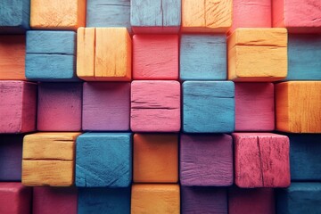 Fototapeta premium Colorful background with colorful rectangular shapes made of wood, wooden squares. with space for text