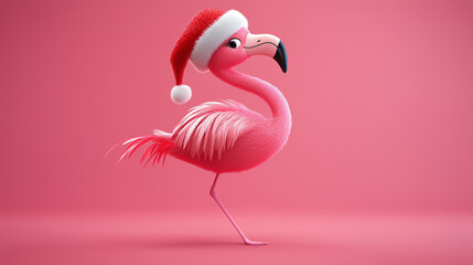 Cartoon Flamingo in Santa Hat for Holiday Decorations