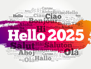 Hello 2025 word cloud in different languages of the world, concept background