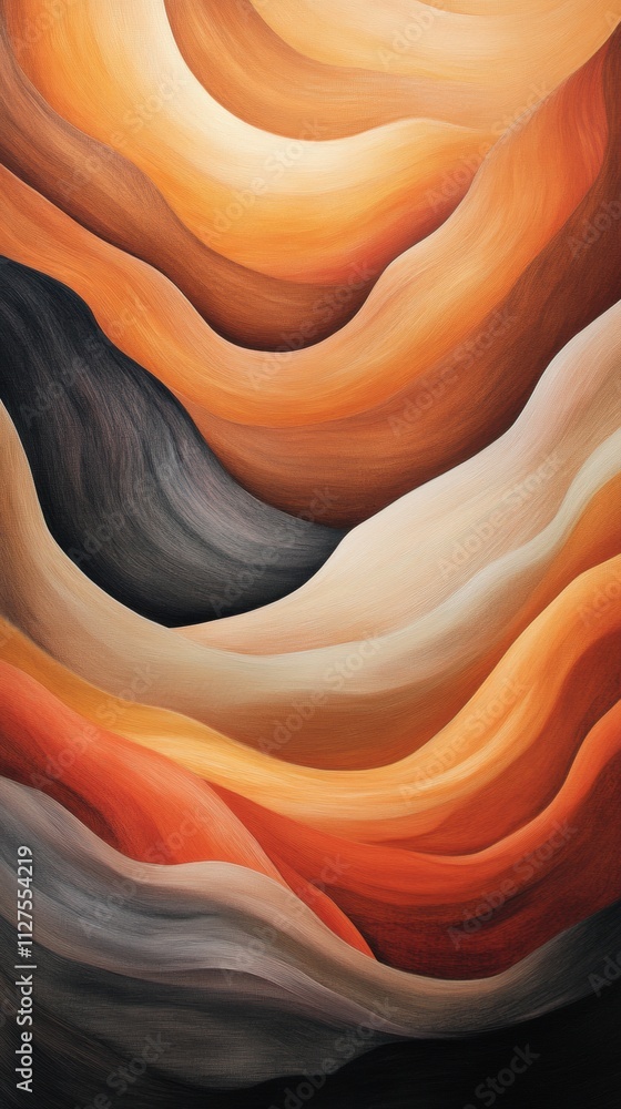 Poster abstract painting with flowing, wavy patterns in warm earth tones, creating a sense of movement and 