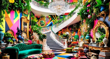 A vibrant  maximalist-inspired interior scene overflowing with lush greenery, vintage decorative objects, 