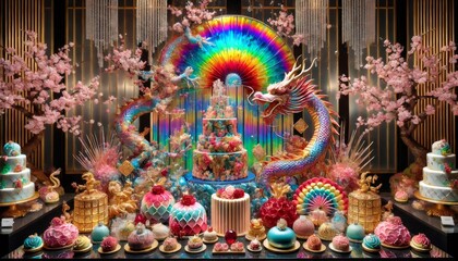 Obraz premium Colorful dragon and cakes decorating pastry shop window display