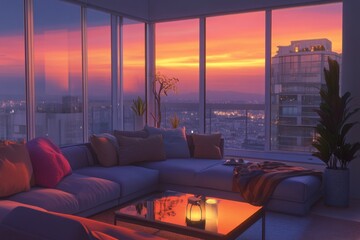 A luxurious living room visualized as an animated virtual streaming background.