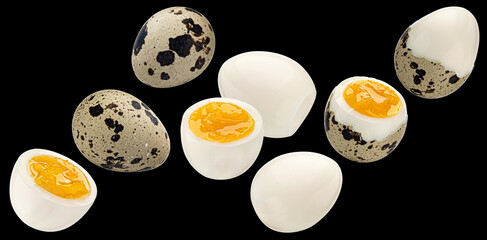 Falling quail eggs, isolated on black background, package design element