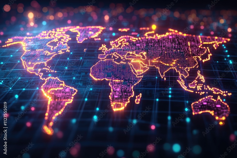 Poster a map of the world with glowing dots, ideal for representing global connectivity or highlighting imp