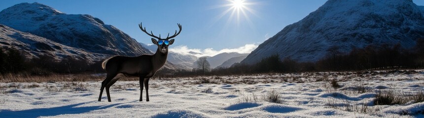 Fototapeta premium With a clear blue sky and bright sunlight casting its glow, a reindeer stands on the snow.