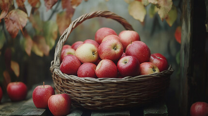 Apple basket and fresh fruit with ripe garden agriculture and pure harvest ripe farm orchard fall, natural food with simple organic freshness.