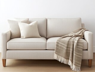 Comfortable fabric upholstered sofa with knitted throw blanket in living room