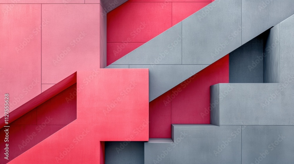 Poster red and gray geometric architectural design featuring intersecting lines and shapes, ai