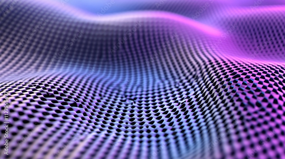 Poster abstract 3d rendering of a wavy surface with a grid pattern in vibrant purple and blue, ai