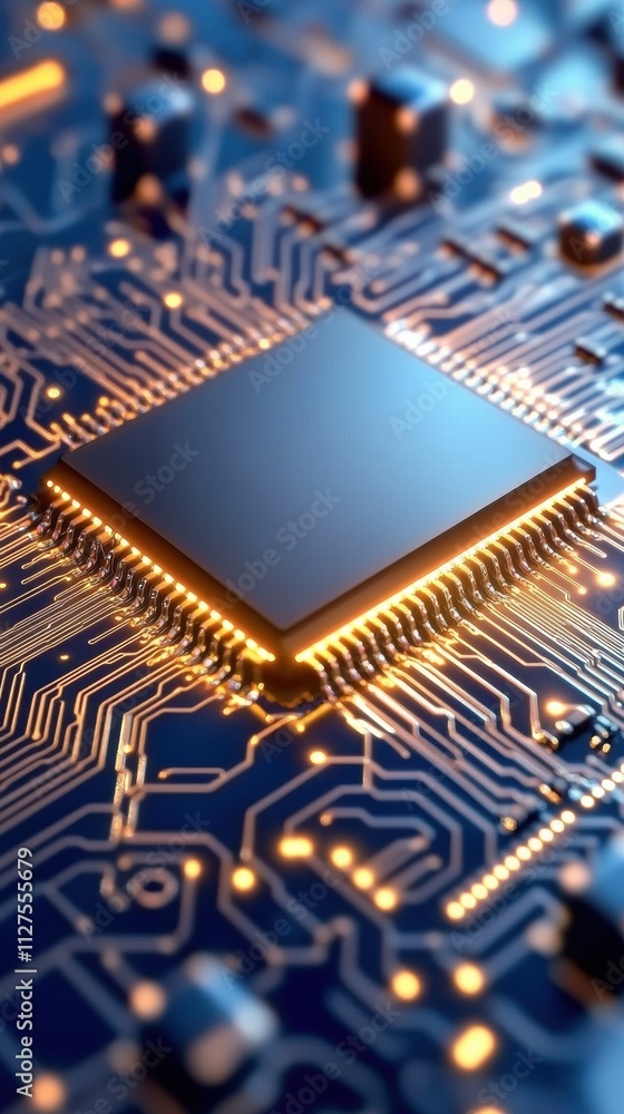 Poster microchip on a circuit board with glowing pathways, symbolizing advanced technology, ai