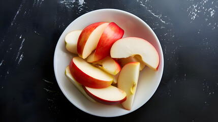 Sliced red apples in a white bowl on a dark surface.