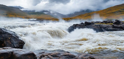 A river surging over rocks, rain and wind swirling in a storm with low clouds clinging to the hills.