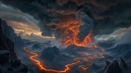Volcanic eruption with fiery lava flow under dark, dramatic clouds in a rugged landscape, AI