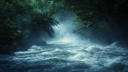 A river thrashing through a dark forest under a heavy downpour, mist rising from the turbulent water.