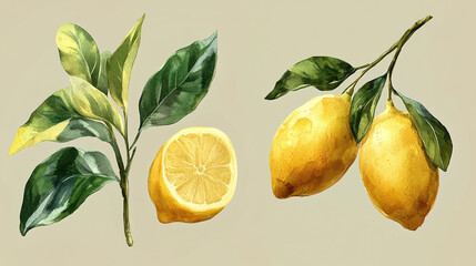 Lemon painted in watercolor style, isolated fruit branch with citrus details, yellow and green tropical leaves, food illustration, summer organic design.