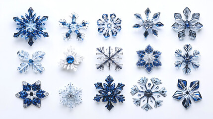 Set of blue and white snowflakes of different shapes and sizes isolated on white background. cold winter season climate weather object, decoration ice pattern, meteorology forecast.
