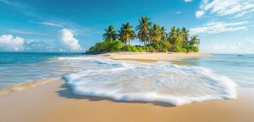 A small, secluded island with a pristine beach, coconut trees, and light waves gently washing ashore.