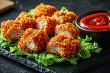 Fototapeta premium A plate of crispy fried chicken served with fresh lettuce and ketchup