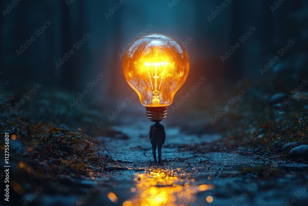Aufkleber a person stands on a path with a light bulb attached to their head, providing an unusual and creativ