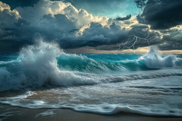 A stormy beach with waves crashing fiercely, sky full of dark clouds and flashes of lightning illuminating the waves.
