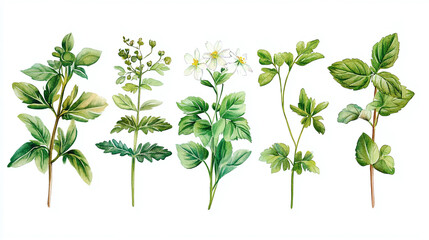 Naklejka premium Watercolor botanical illustrations of plants, leaf and herb designs, flower and branch set isolated, green nature artwork, herbal elements on white background.