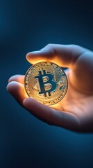 Bitcoin coin held in a hand, symbolizing digital currency and investment potential, AI