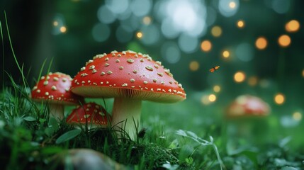 Mushrooms with vibrant red caps and white spots in a lush forest setting, surrounded by glowing fireflies, AI