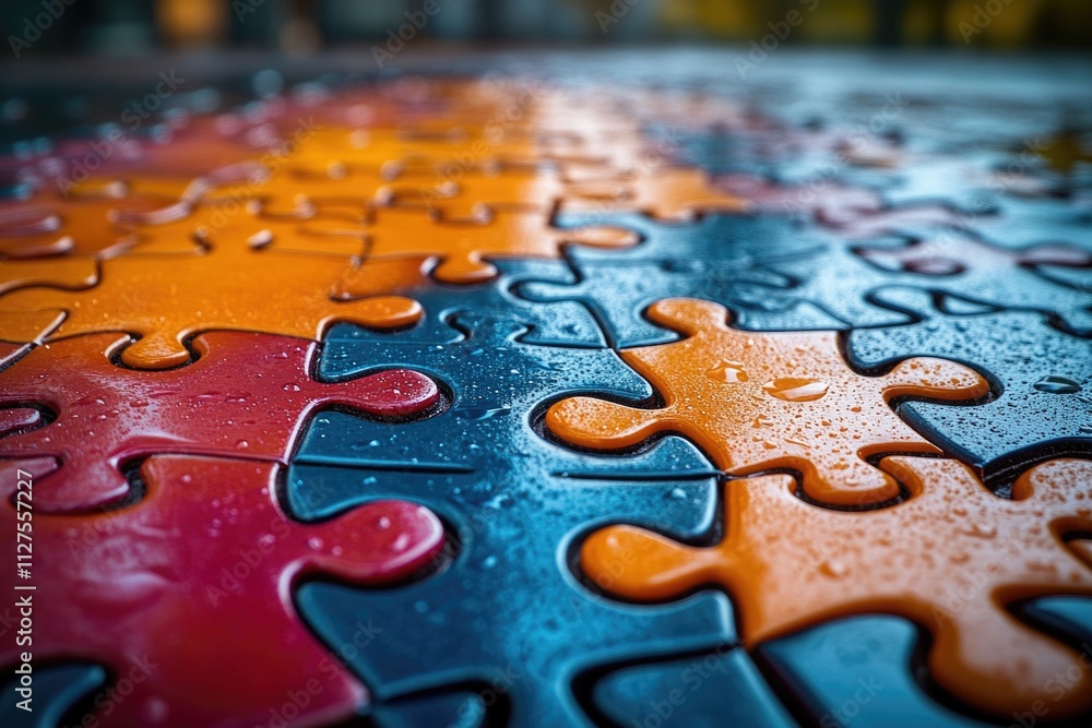 Poster a close-up view of a single puzzle piece on a table, useful for illustrating problem-solving or thin